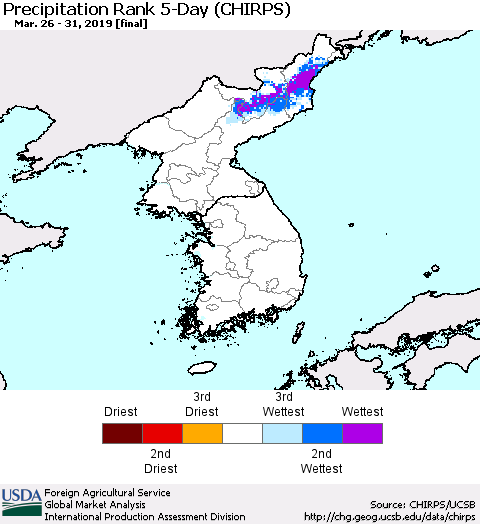 Korea Precipitation Rank since 1981, 5-Day (CHIRPS) Thematic Map For 3/26/2019 - 3/31/2019
