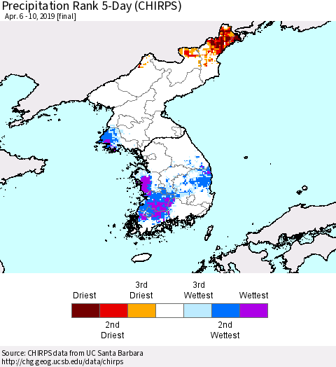 Korea Precipitation Rank since 1981, 5-Day (CHIRPS) Thematic Map For 4/6/2019 - 4/10/2019