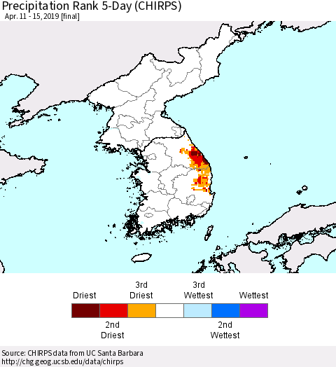 Korea Precipitation Rank since 1981, 5-Day (CHIRPS) Thematic Map For 4/11/2019 - 4/15/2019