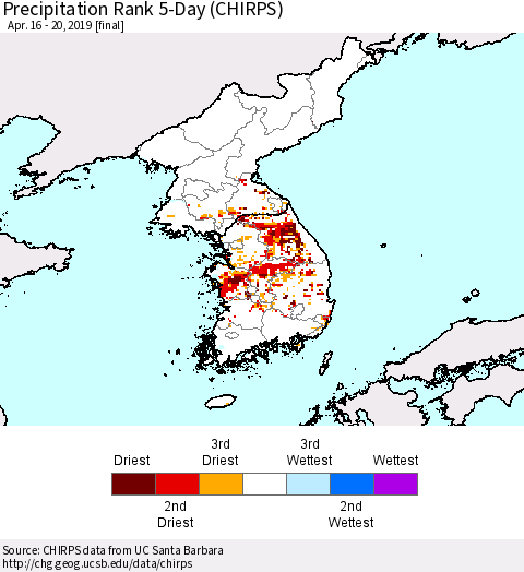 Korea Precipitation Rank since 1981, 5-Day (CHIRPS) Thematic Map For 4/16/2019 - 4/20/2019