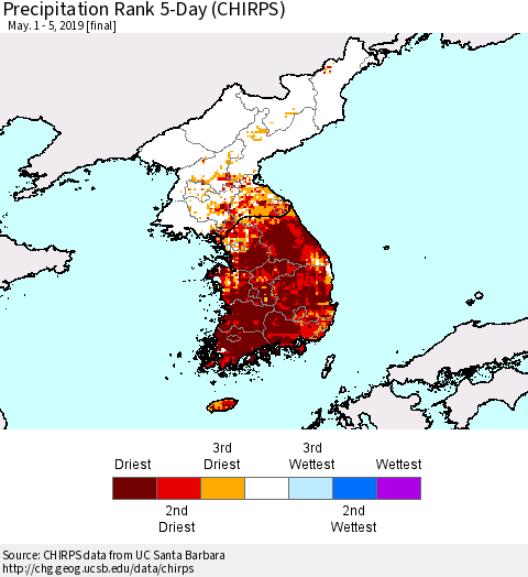 Korea Precipitation Rank since 1981, 5-Day (CHIRPS) Thematic Map For 5/1/2019 - 5/5/2019