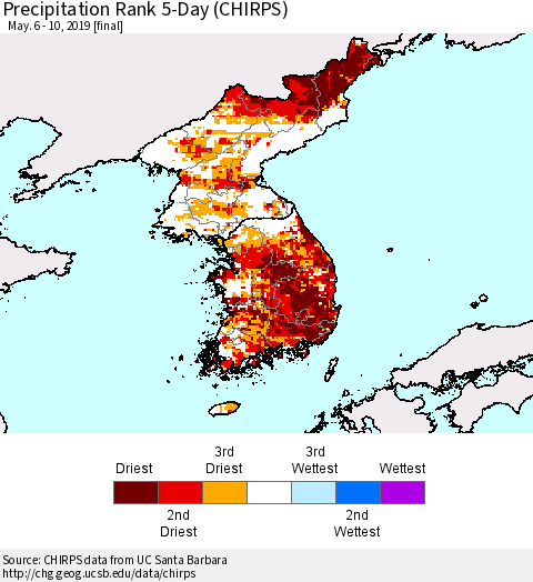 Korea Precipitation Rank since 1981, 5-Day (CHIRPS) Thematic Map For 5/6/2019 - 5/10/2019