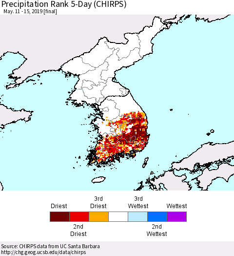 Korea Precipitation Rank since 1981, 5-Day (CHIRPS) Thematic Map For 5/11/2019 - 5/15/2019