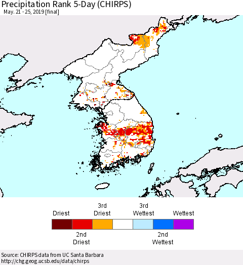 Korea Precipitation Rank since 1981, 5-Day (CHIRPS) Thematic Map For 5/21/2019 - 5/25/2019