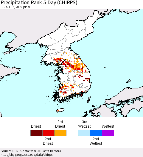 Korea Precipitation Rank since 1981, 5-Day (CHIRPS) Thematic Map For 6/1/2019 - 6/5/2019
