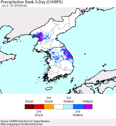Korea Precipitation Rank since 1981, 5-Day (CHIRPS) Thematic Map For 6/6/2019 - 6/10/2019