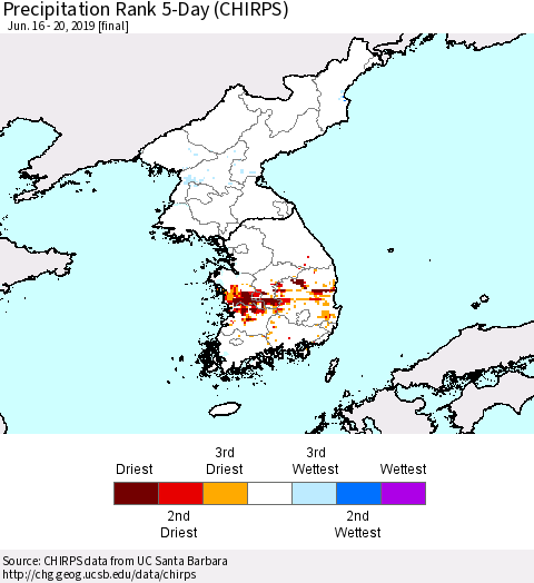 Korea Precipitation Rank since 1981, 5-Day (CHIRPS) Thematic Map For 6/16/2019 - 6/20/2019