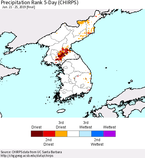 Korea Precipitation Rank since 1981, 5-Day (CHIRPS) Thematic Map For 6/21/2019 - 6/25/2019