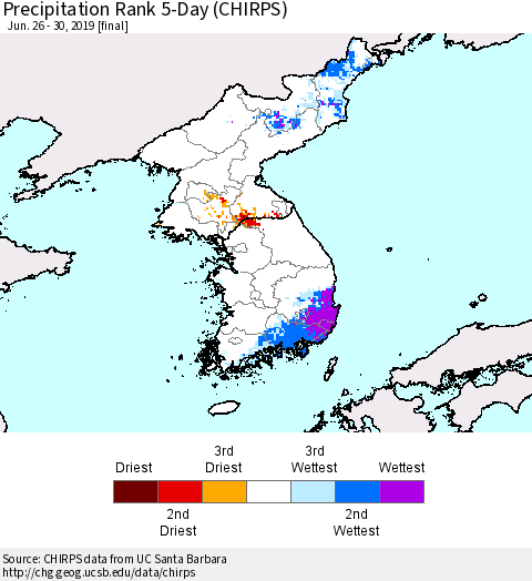 Korea Precipitation Rank since 1981, 5-Day (CHIRPS) Thematic Map For 6/26/2019 - 6/30/2019