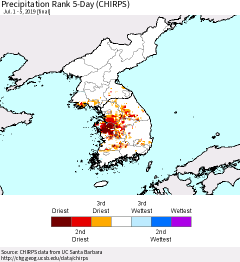 Korea Precipitation Rank since 1981, 5-Day (CHIRPS) Thematic Map For 7/1/2019 - 7/5/2019