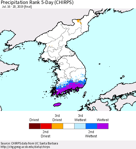 Korea Precipitation Rank since 1981, 5-Day (CHIRPS) Thematic Map For 7/16/2019 - 7/20/2019