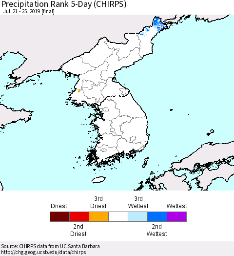 Korea Precipitation Rank since 1981, 5-Day (CHIRPS) Thematic Map For 7/21/2019 - 7/25/2019