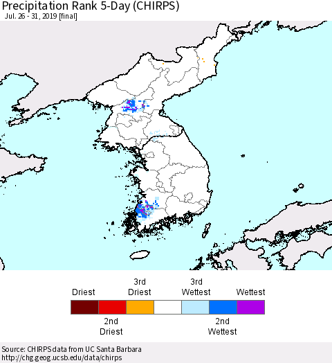 Korea Precipitation Rank since 1981, 5-Day (CHIRPS) Thematic Map For 7/26/2019 - 7/31/2019