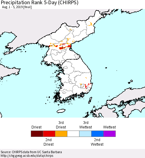 Korea Precipitation Rank since 1981, 5-Day (CHIRPS) Thematic Map For 8/1/2019 - 8/5/2019