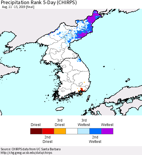 Korea Precipitation Rank since 1981, 5-Day (CHIRPS) Thematic Map For 8/11/2019 - 8/15/2019