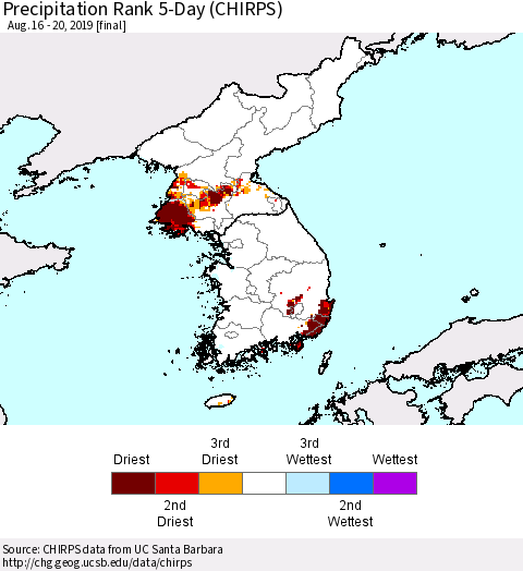 Korea Precipitation Rank since 1981, 5-Day (CHIRPS) Thematic Map For 8/16/2019 - 8/20/2019