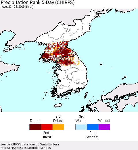 Korea Precipitation Rank since 1981, 5-Day (CHIRPS) Thematic Map For 8/21/2019 - 8/25/2019