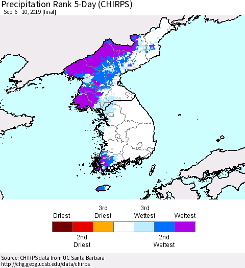 Korea Precipitation Rank 5-Day (CHIRPS) Thematic Map For 9/6/2019 - 9/10/2019