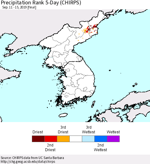 Korea Precipitation Rank 5-Day (CHIRPS) Thematic Map For 9/11/2019 - 9/15/2019