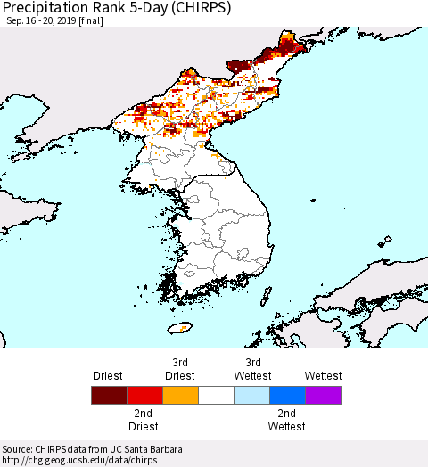 Korea Precipitation Rank since 1981, 5-Day (CHIRPS) Thematic Map For 9/16/2019 - 9/20/2019