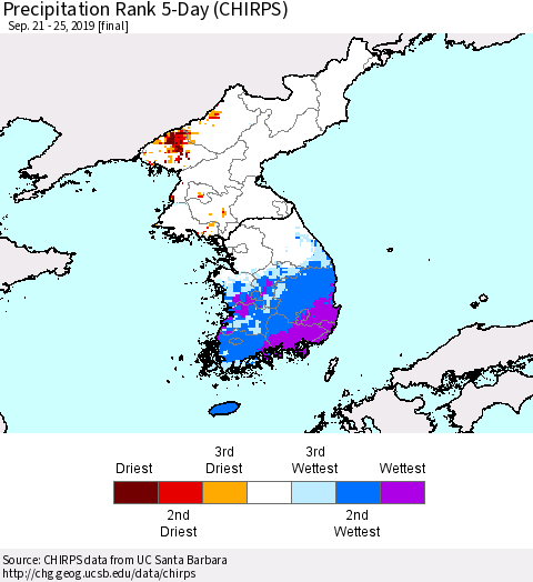 Korea Precipitation Rank since 1981, 5-Day (CHIRPS) Thematic Map For 9/21/2019 - 9/25/2019
