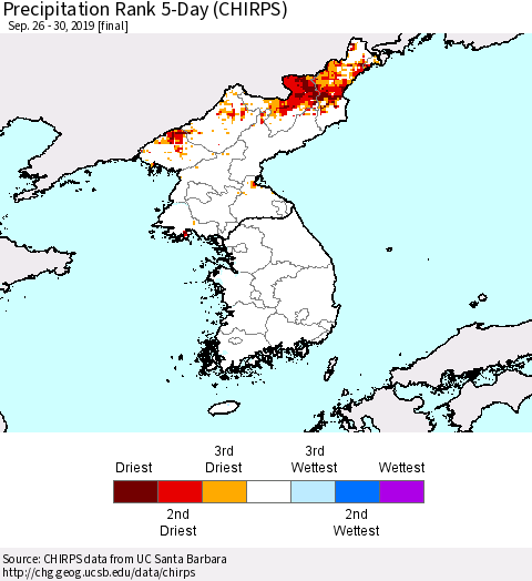 Korea Precipitation Rank 5-Day (CHIRPS) Thematic Map For 9/26/2019 - 9/30/2019