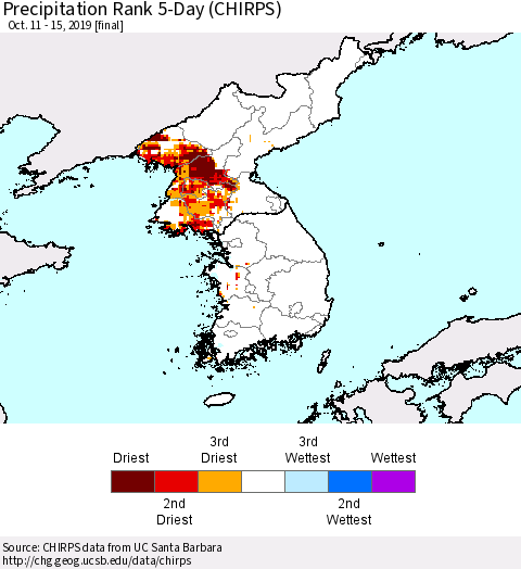 Korea Precipitation Rank 5-Day (CHIRPS) Thematic Map For 10/11/2019 - 10/15/2019