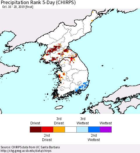 Korea Precipitation Rank 5-Day (CHIRPS) Thematic Map For 10/16/2019 - 10/20/2019
