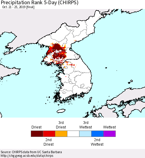 Korea Precipitation Rank 5-Day (CHIRPS) Thematic Map For 10/21/2019 - 10/25/2019