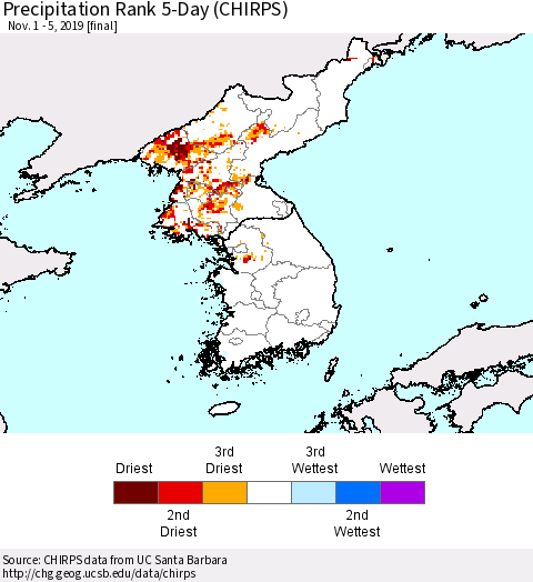 Korea Precipitation Rank since 1981, 5-Day (CHIRPS) Thematic Map For 11/1/2019 - 11/5/2019