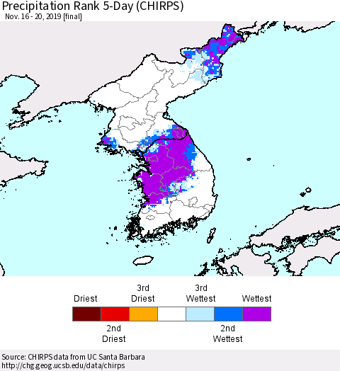 Korea Precipitation Rank since 1981, 5-Day (CHIRPS) Thematic Map For 11/16/2019 - 11/20/2019