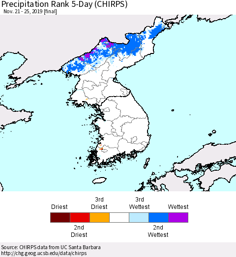 Korea Precipitation Rank 5-Day (CHIRPS) Thematic Map For 11/21/2019 - 11/25/2019