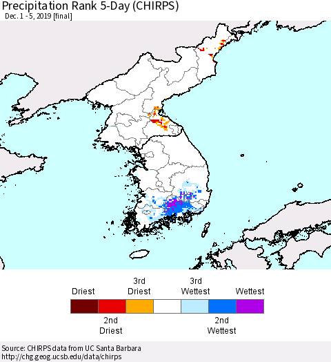 Korea Precipitation Rank 5-Day (CHIRPS) Thematic Map For 12/1/2019 - 12/5/2019