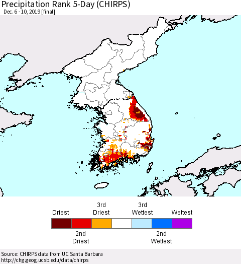 Korea Precipitation Rank 5-Day (CHIRPS) Thematic Map For 12/6/2019 - 12/10/2019