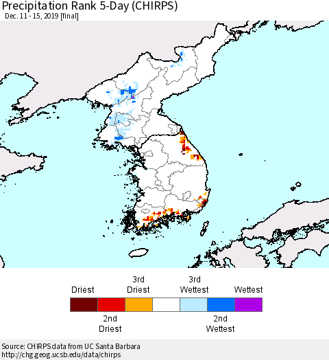 Korea Precipitation Rank 5-Day (CHIRPS) Thematic Map For 12/11/2019 - 12/15/2019