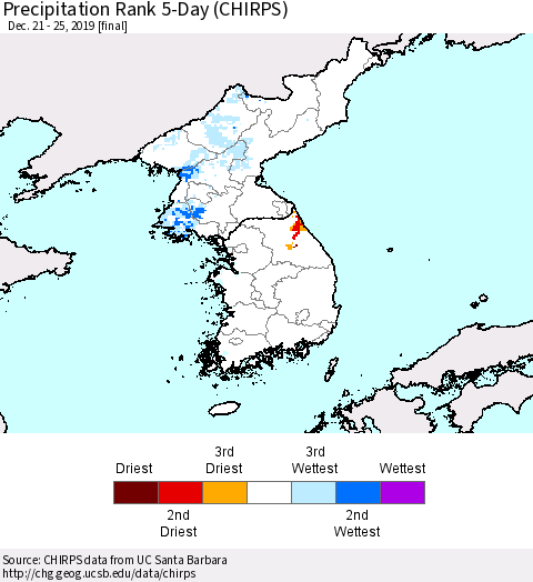 Korea Precipitation Rank 5-Day (CHIRPS) Thematic Map For 12/21/2019 - 12/25/2019