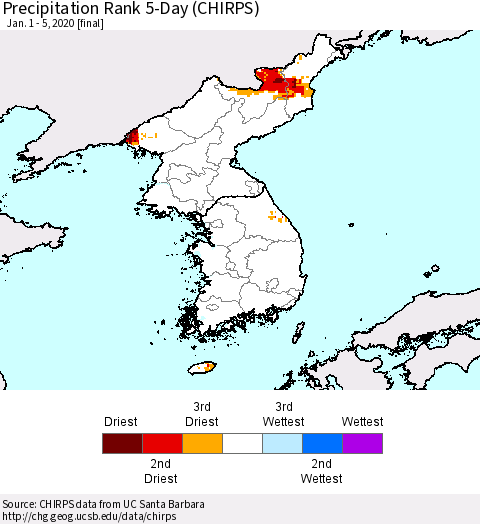 Korea Precipitation Rank since 1981, 5-Day (CHIRPS) Thematic Map For 1/1/2020 - 1/5/2020