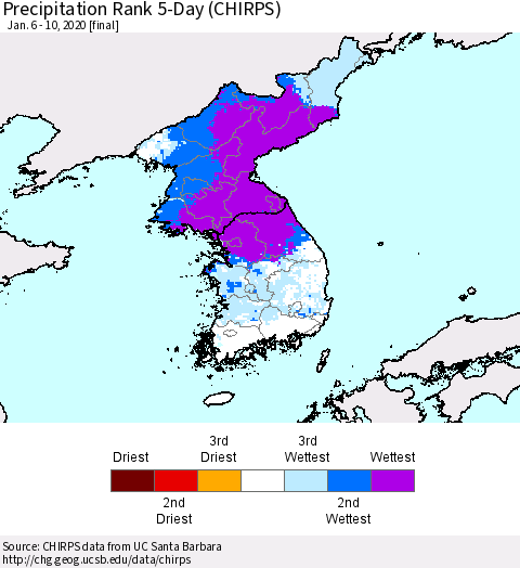 Korea Precipitation Rank 5-Day (CHIRPS) Thematic Map For 1/6/2020 - 1/10/2020