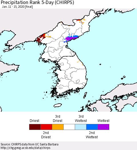 Korea Precipitation Rank 5-Day (CHIRPS) Thematic Map For 1/11/2020 - 1/15/2020