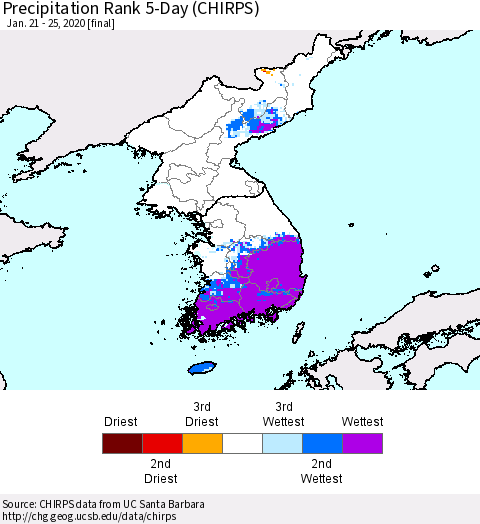 Korea Precipitation Rank since 1981, 5-Day (CHIRPS) Thematic Map For 1/21/2020 - 1/25/2020