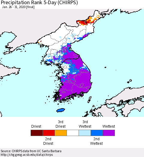 Korea Precipitation Rank 5-Day (CHIRPS) Thematic Map For 1/26/2020 - 1/31/2020