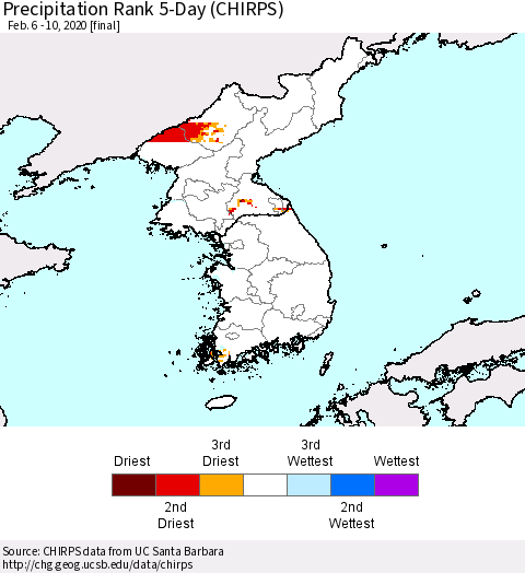 Korea Precipitation Rank 5-Day (CHIRPS) Thematic Map For 2/6/2020 - 2/10/2020