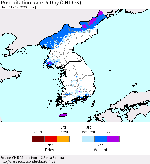 Korea Precipitation Rank 5-Day (CHIRPS) Thematic Map For 2/11/2020 - 2/15/2020
