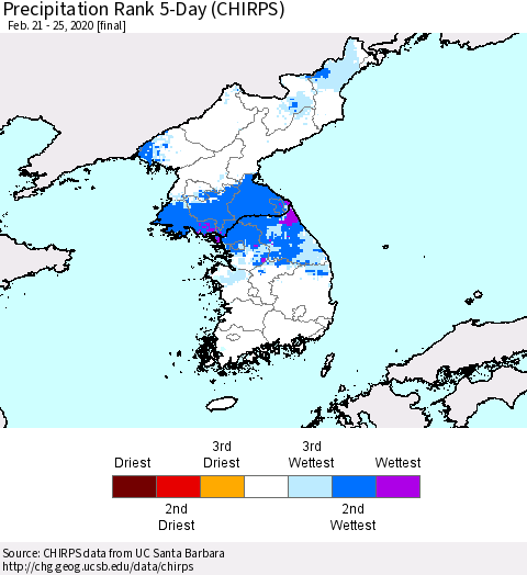 Korea Precipitation Rank since 1981, 5-Day (CHIRPS) Thematic Map For 2/21/2020 - 2/25/2020