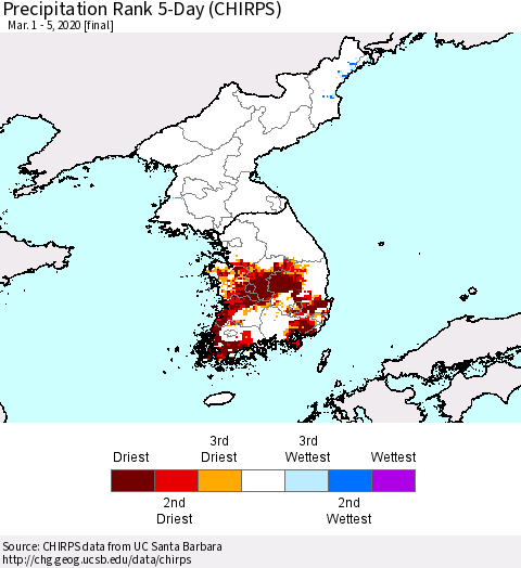Korea Precipitation Rank since 1981, 5-Day (CHIRPS) Thematic Map For 3/1/2020 - 3/5/2020