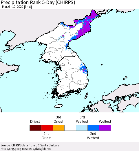 Korea Precipitation Rank 5-Day (CHIRPS) Thematic Map For 3/6/2020 - 3/10/2020