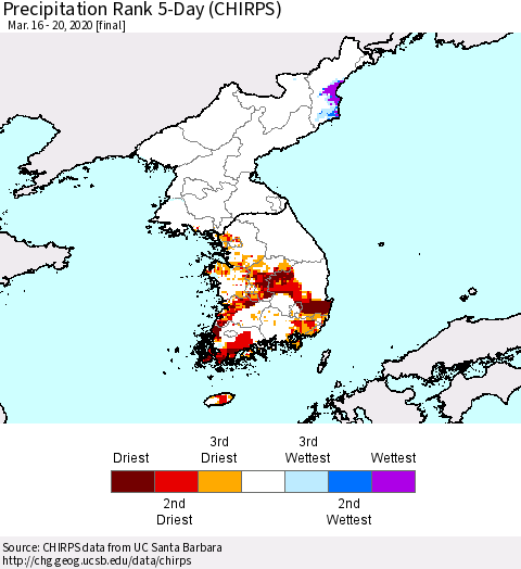 Korea Precipitation Rank 5-Day (CHIRPS) Thematic Map For 3/16/2020 - 3/20/2020