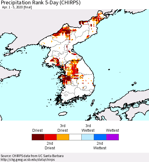 Korea Precipitation Rank since 1981, 5-Day (CHIRPS) Thematic Map For 4/1/2020 - 4/5/2020
