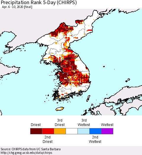 Korea Precipitation Rank 5-Day (CHIRPS) Thematic Map For 4/6/2020 - 4/10/2020