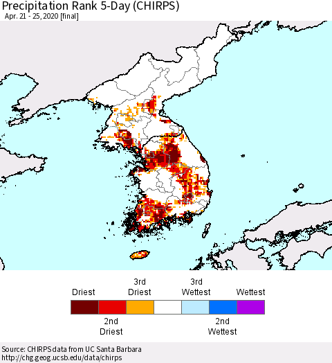 Korea Precipitation Rank 5-Day (CHIRPS) Thematic Map For 4/21/2020 - 4/25/2020